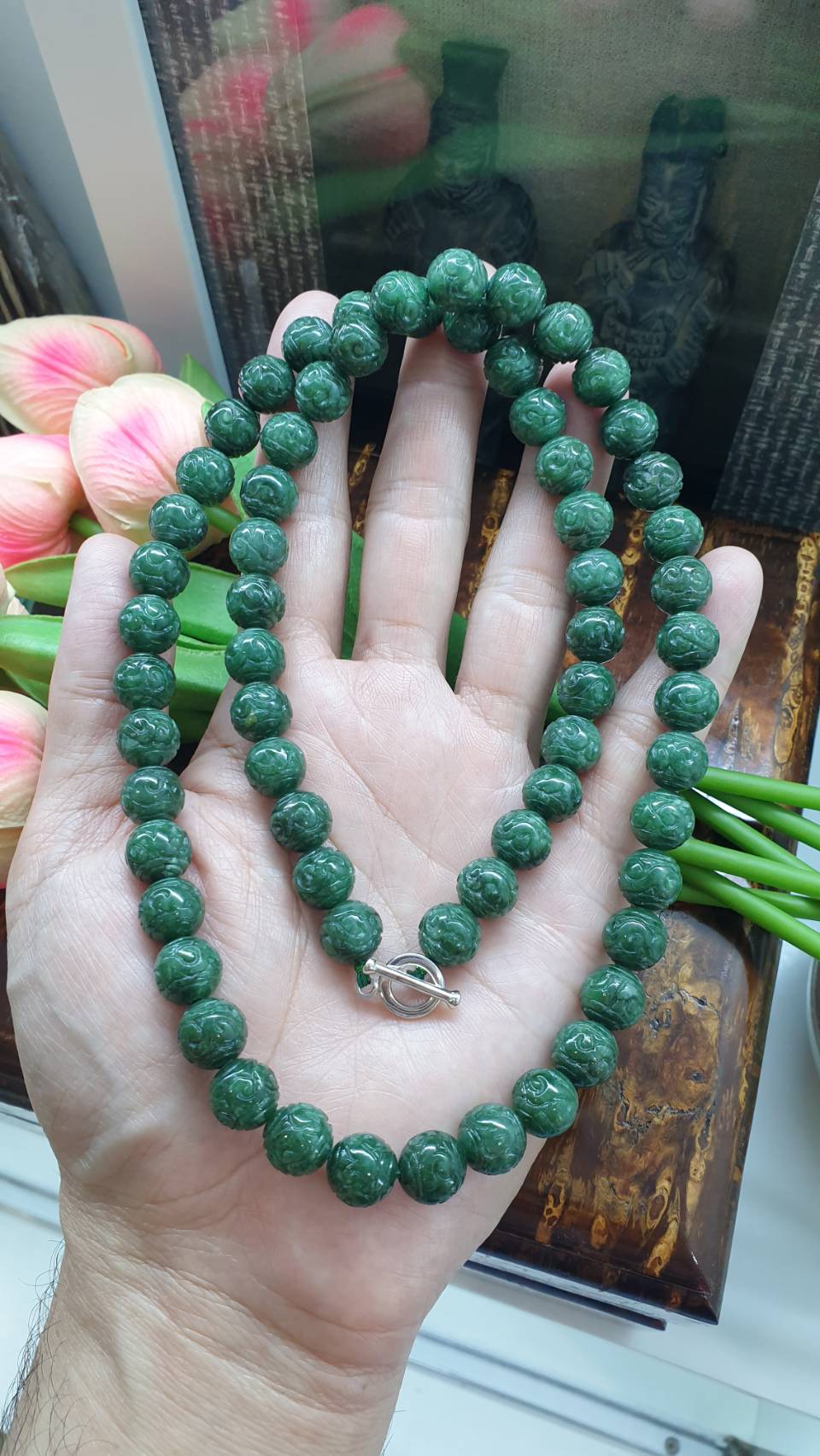 Type A Natural Jadeite Ru Yi Beads Necklace - 9K White Gold Toggle - 25 Inch