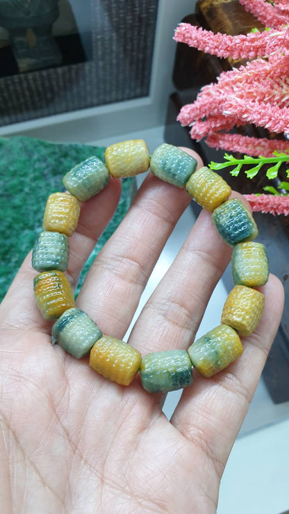 Honey Blue Jade Bracelet 17cm Type A Myanmar Jadeite Two Toned Barrel Beads