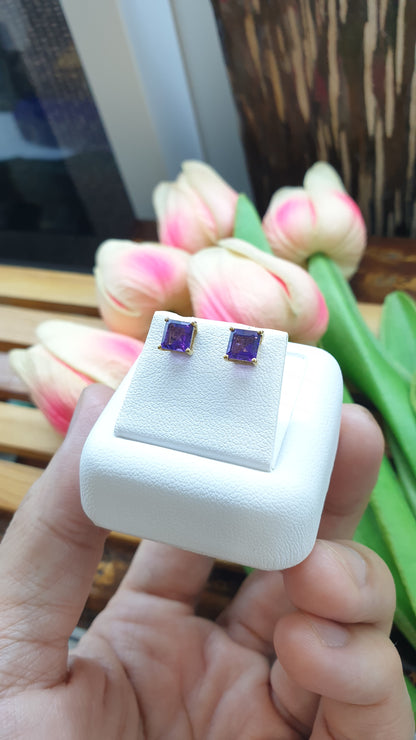 14K Gold Amethyst Princess Stud Earrings Natural Gemstones and Solid Gold