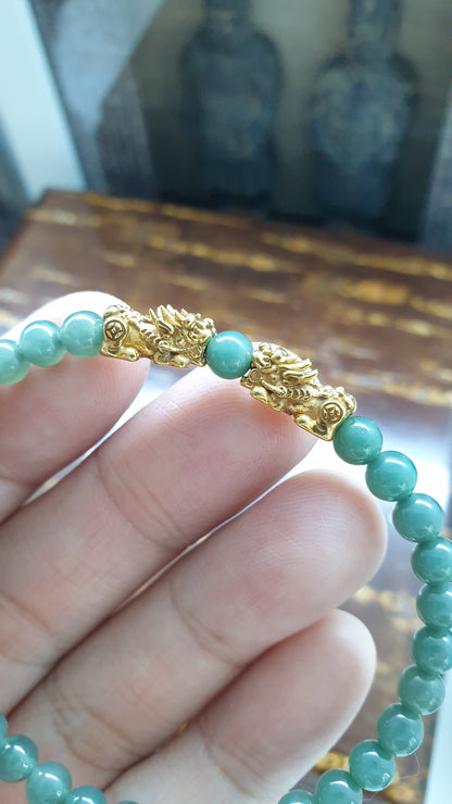 Fortune Dragon Wealth Bracelets | Solid 9K Gold Pixiu | Fei Cui - Type A Jadeite Beads