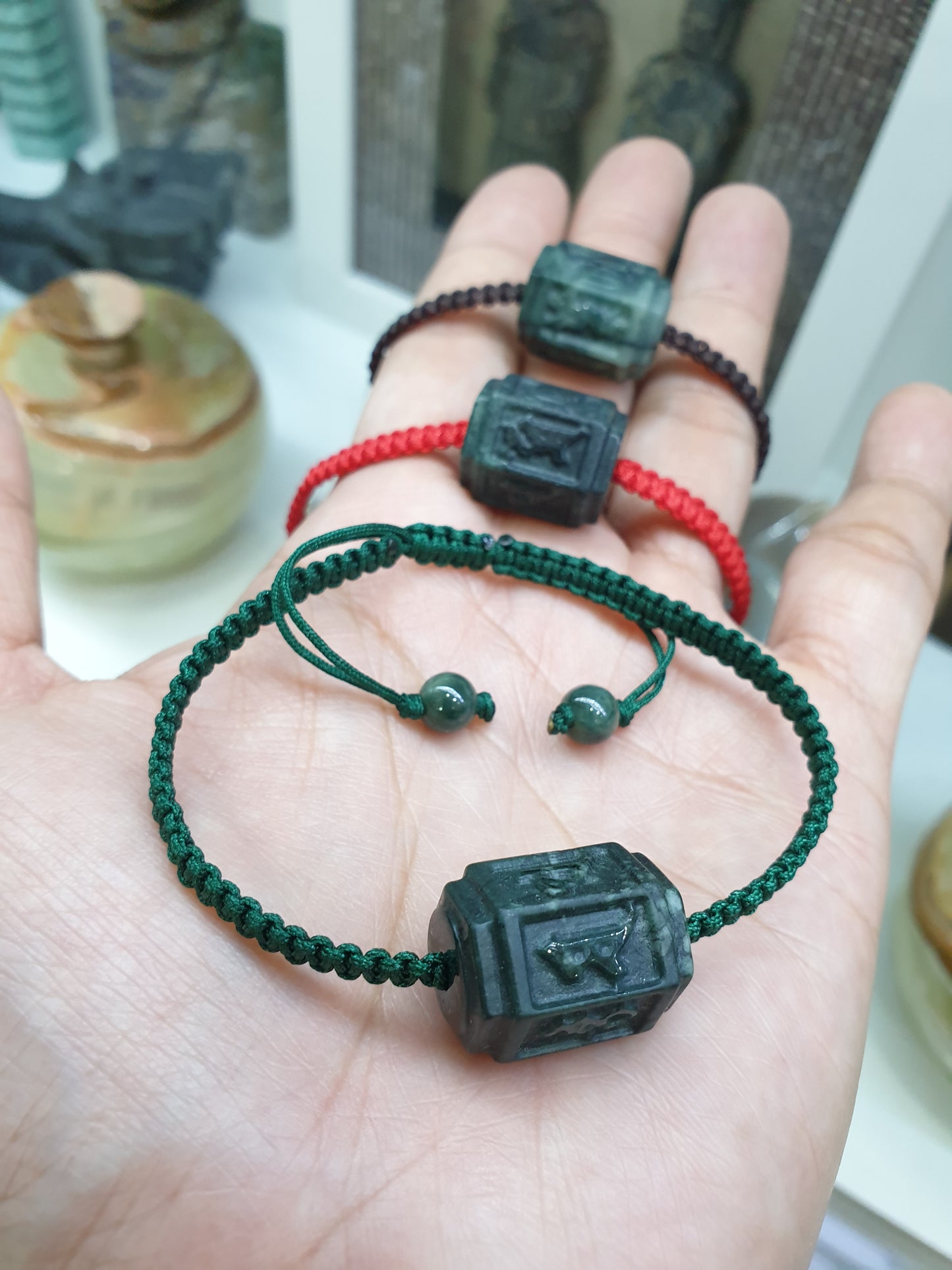 Type A Black Jade Mani Mantra Woven Bracelet and Charm 17cm