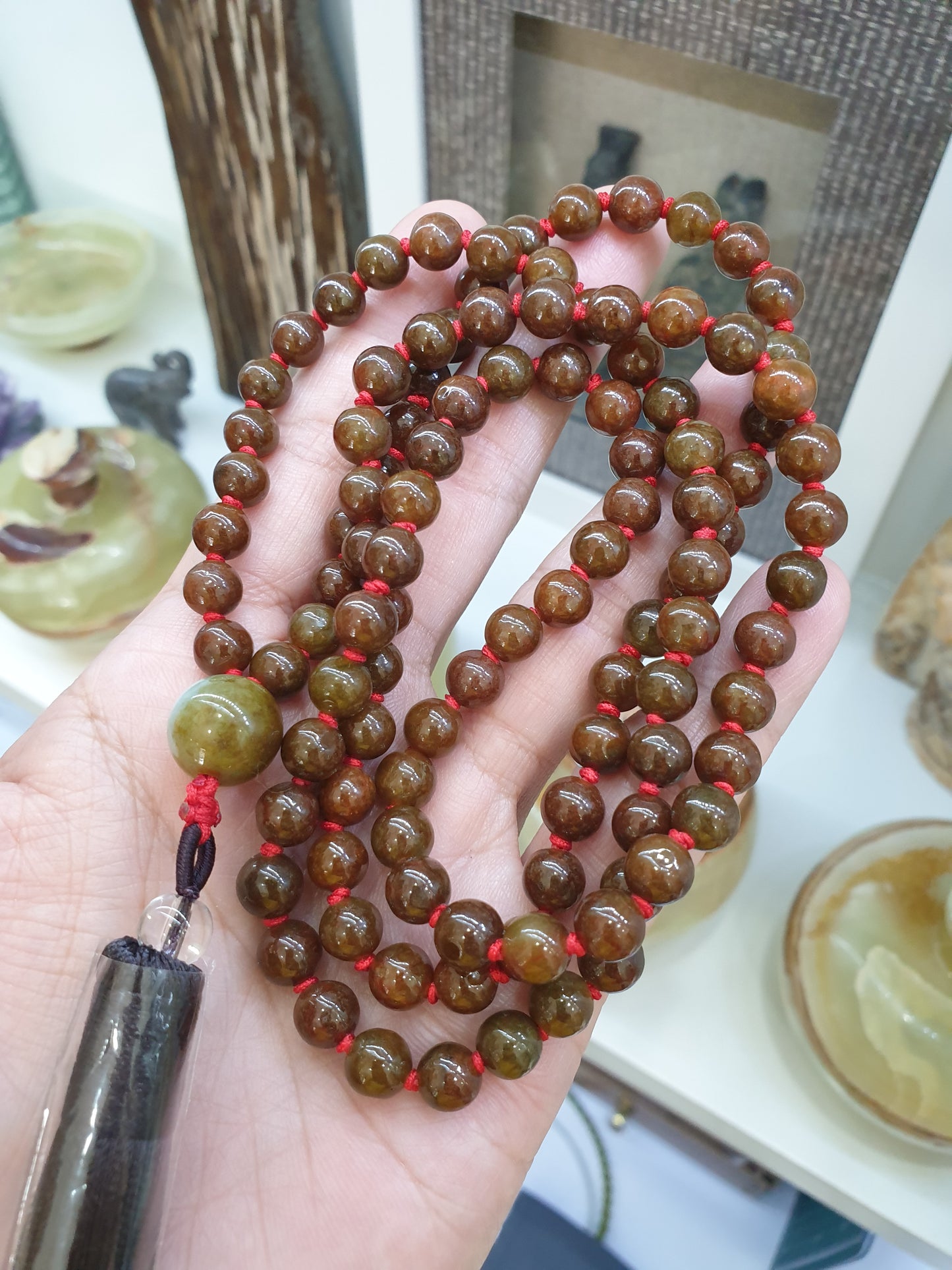 108 Beads Brown Jade Japa Mala | Type A Natural Jadeite | Handcrafted Meditation Beads