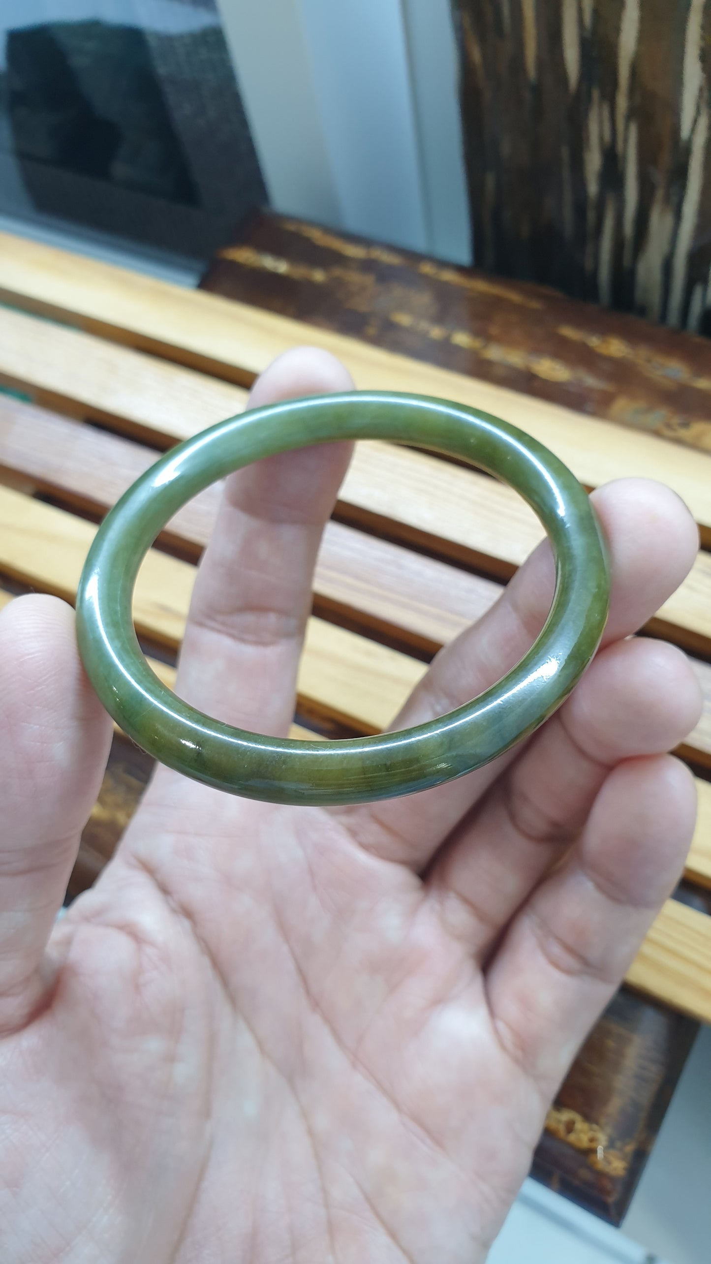 Myanmar Jade Cylindrical Slim Bangle S54 Brown-Green Type A Natural Jadeite