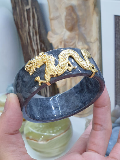 Fortune Dragon on Black Jade Bangle (S 63) | Sterling Silver | Type A Natural Jadeite | Statement Wrist Accessory
