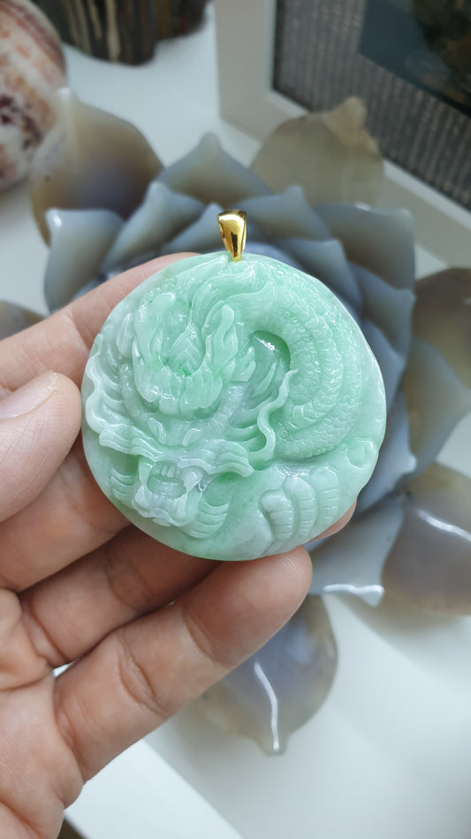 🐉 His or Hers Green–Lavender Jade Dragon Pendant | Solid 9K Gold Bail | Type A Natural Jadeite