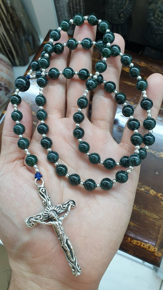 Blue Jade Rosary Beads Necklace | Type A Natural Jadeite + Sterling Silver | Handcrafted Gift Material 🎁