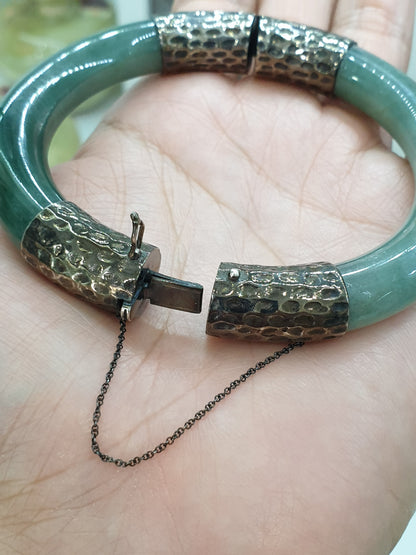 Green Jade Split Bangle, Cylindrical (S 61) | Sterling Silver | Authentic Fei Cui Jade | Elegant Wrist Accessory for Him or Her
