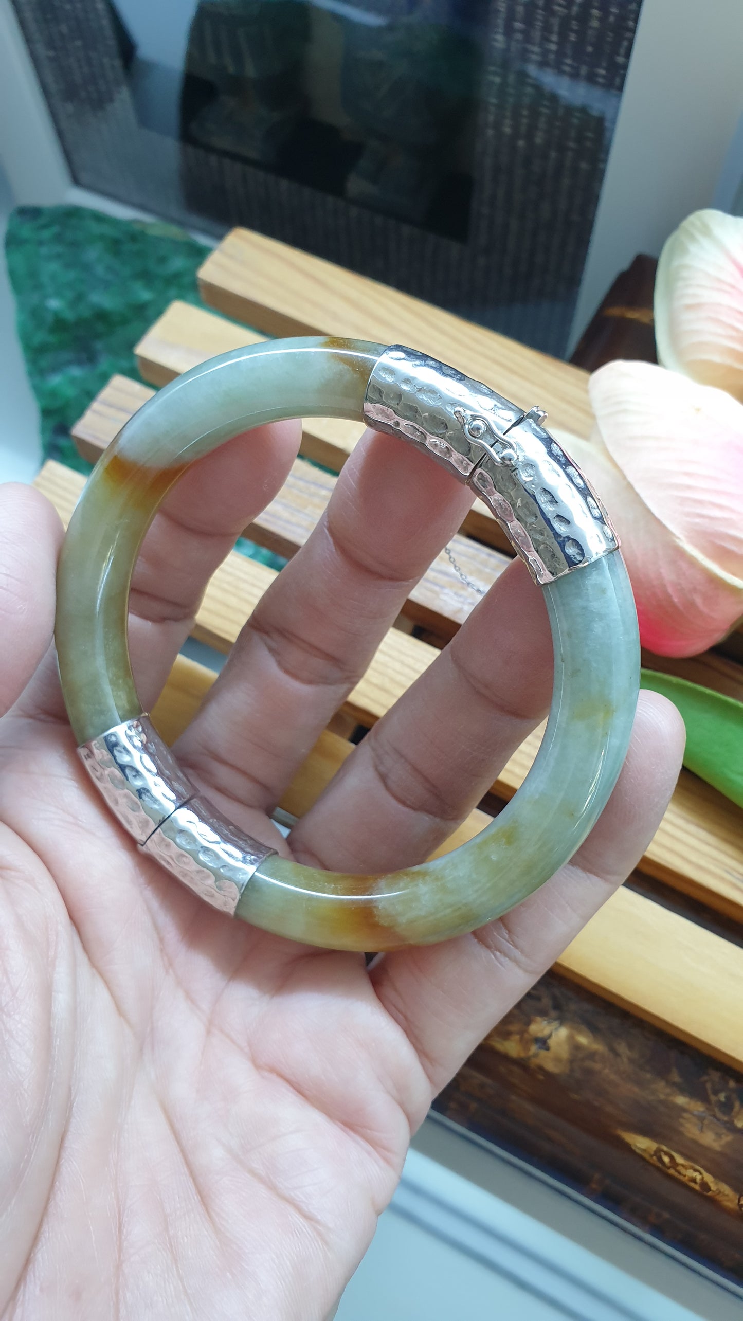 Hok Lok Siew Jade Cylindrical Split Bangle S61 Natural Myanmar Jadeite Sterling Silver