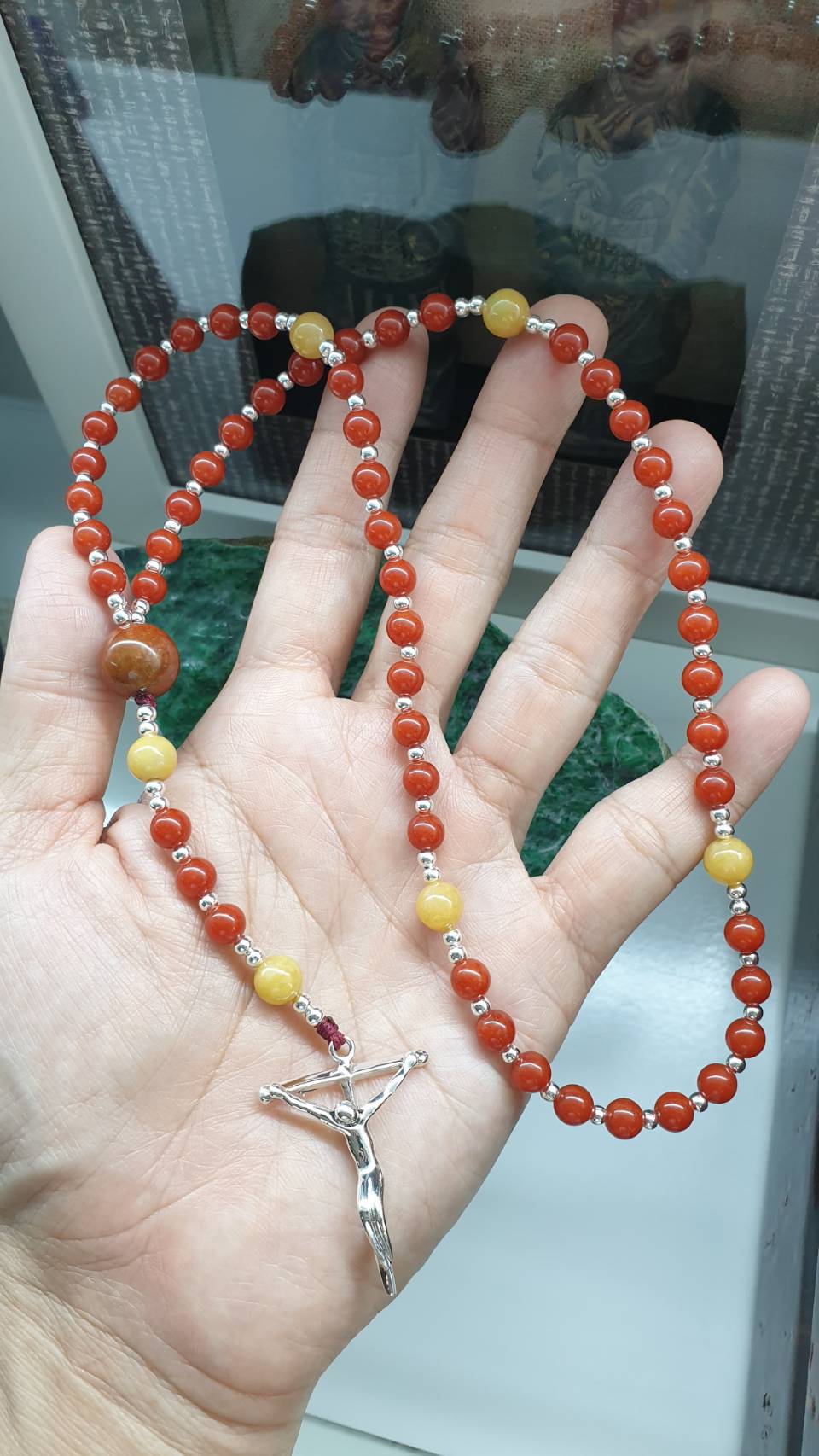 Red and Yellow Jade Rosary 24.5in Natural Myanmar Jadeite S925 Crucifix