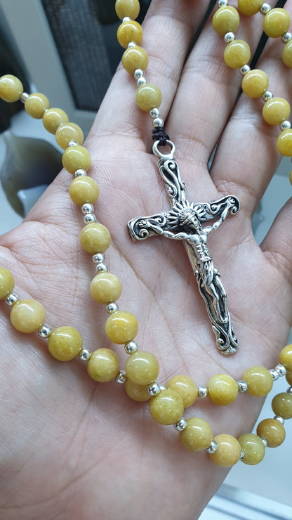 Yellow Jade Rosary Beads Necklace | Fei Cui Type A Jadeite + Sterling Silver | Gift Idea for Him or Her 🎁