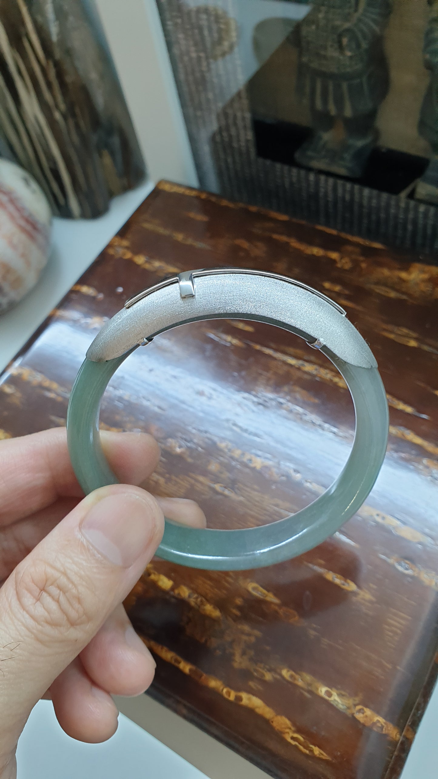 Elegant Cross on Jade Bangle (S 56 - 57) | Fei Cui Type A Jadeite & Sterling Silver | Statement Wrist Accessory