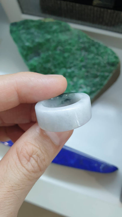 White Jade Ring 8.5US Natural Green Moss Fei Cui Type A Myanmar Jadeite