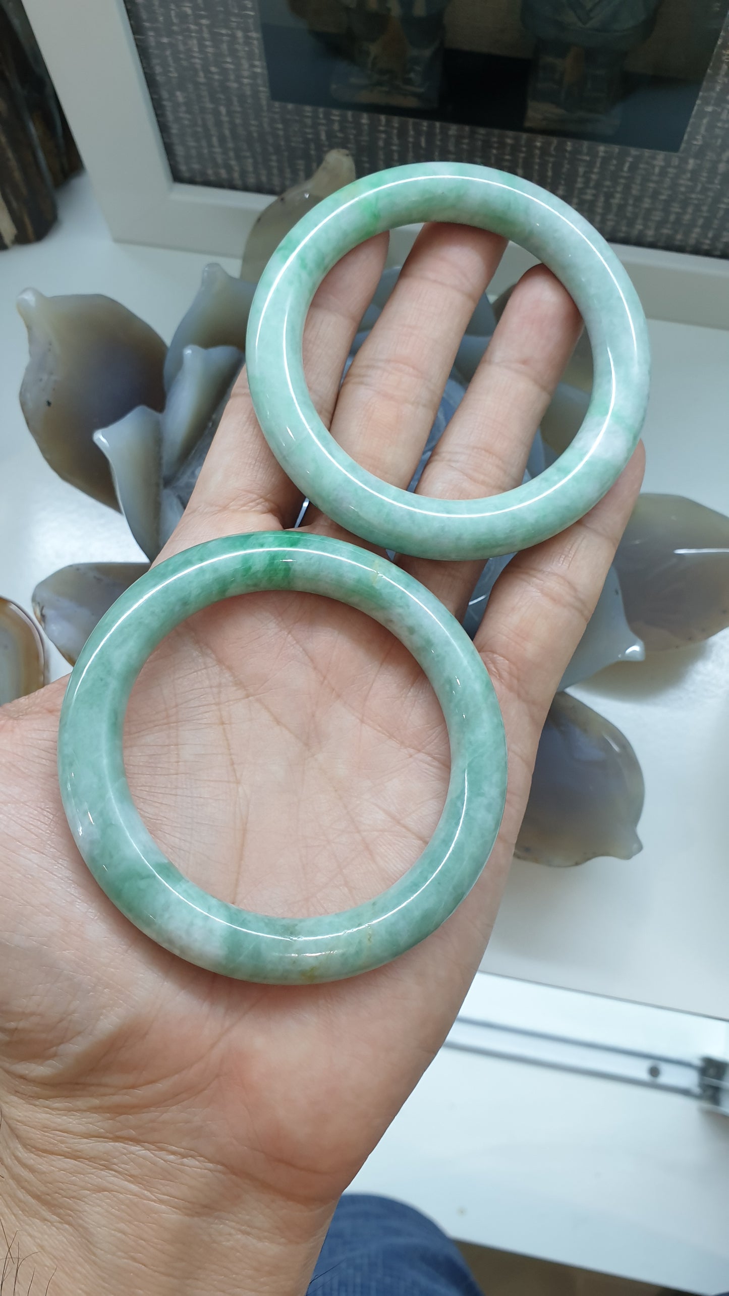 Paired Vintage Jade Cylindrical Bangles S56 Authentic Myanmar Green Jadeite