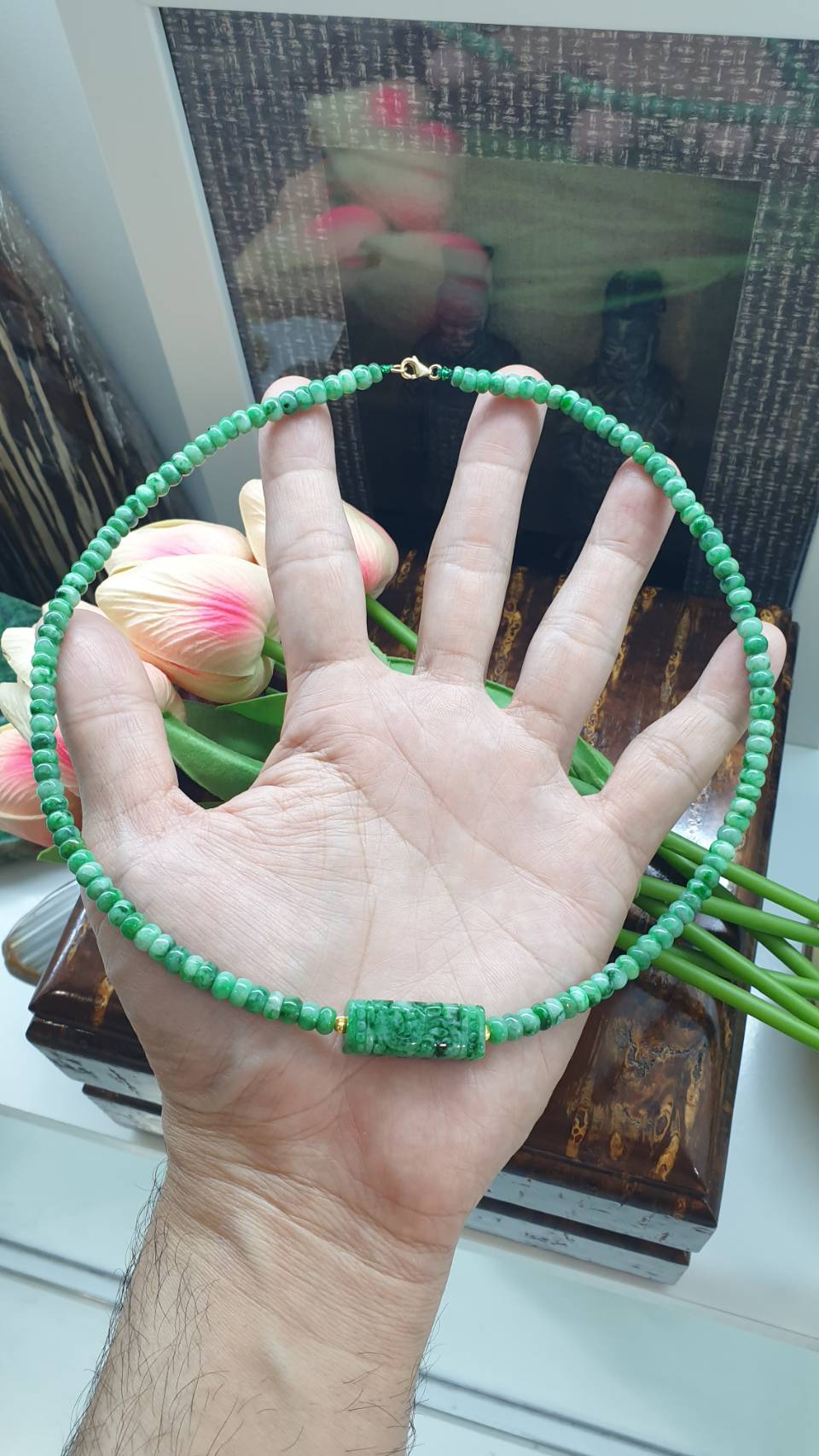 Jade Ru Yi & Abacus Beads Necklace (18") | 24K Gold Beads & 9K Gold Lobster Lock | Type A - Natural Green Jadeite