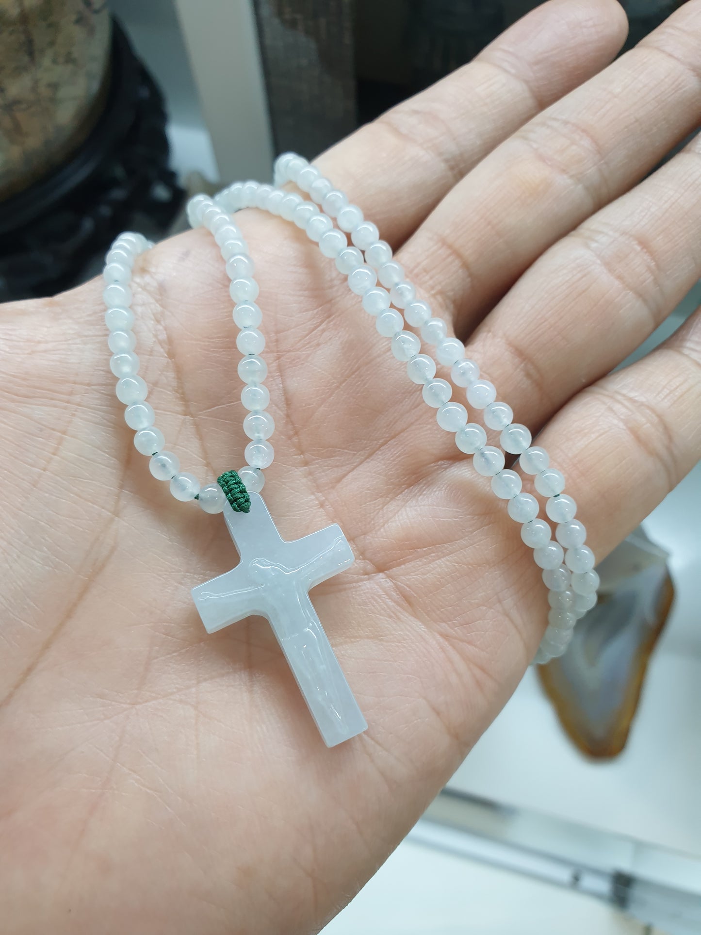 White Crucifix on Icy White Jade beaded Necklace (25") | Fei Cui Type A Jadeite