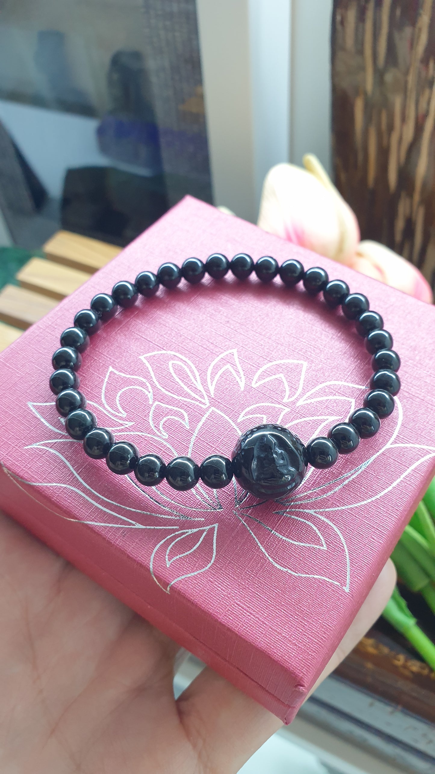Black Jade Buddha Peace Bracelet 17cm Natural Burma Jadeite 6mm Beads
