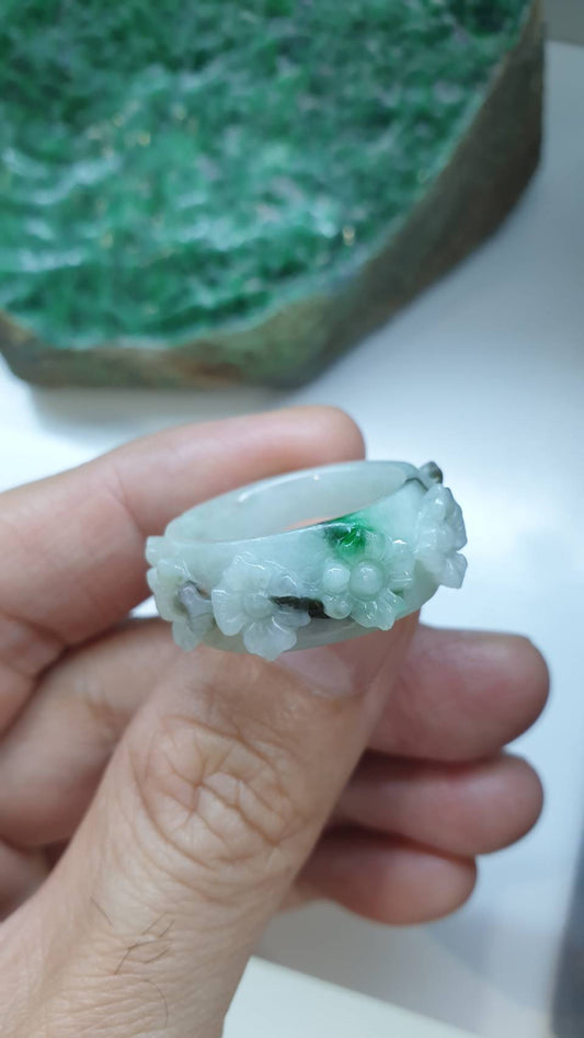 Floral Jade Ring 10.5US Vintage Type A Myanmar Jadeite Natural White