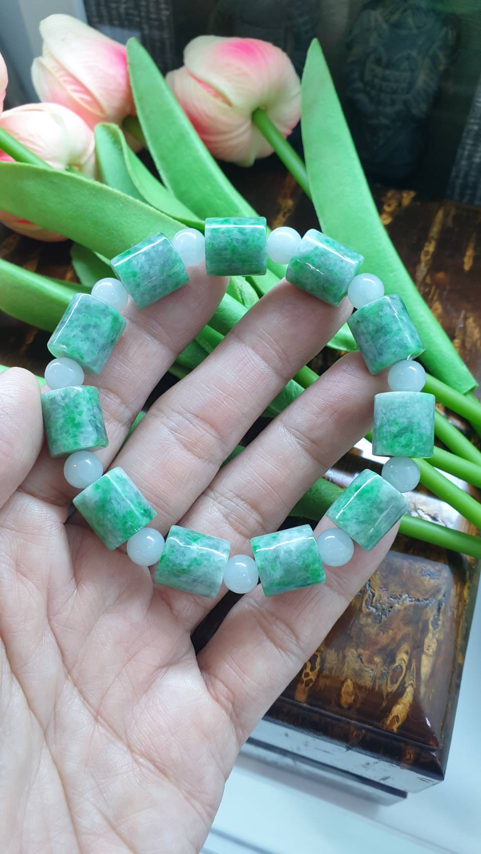 Jade Cylinder Beads Bracelets (18 cm) | Mottled Green, Type A Natural Jadeite | His or Hers Wrist Accessories