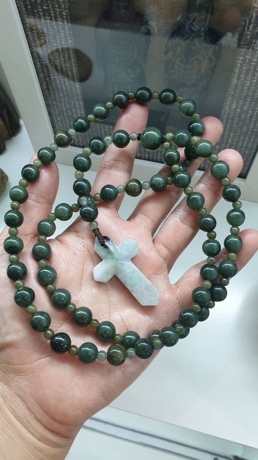 Jade Rosary Beads Necklace (32.5 ") | Type A Natural Jadeite | Vintage Beads & Cross