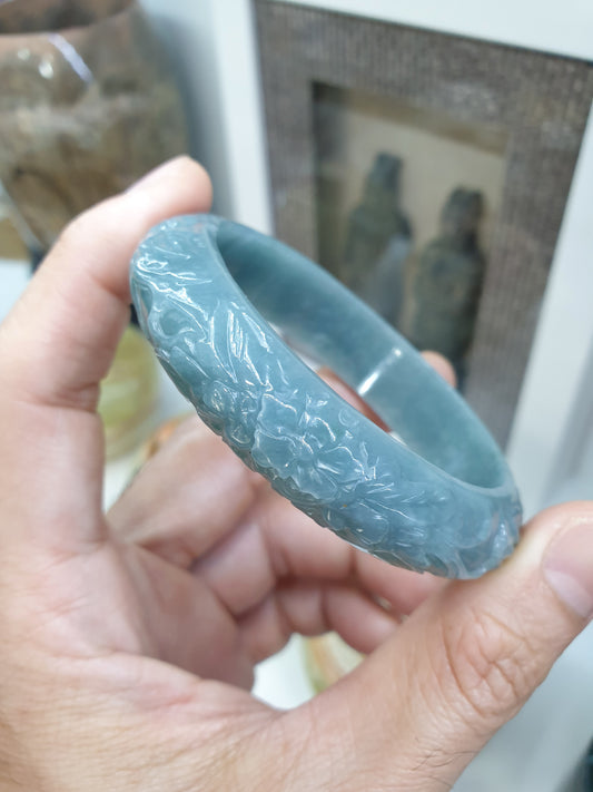 Blue Jade Floral Bangle (Size 56) | Type A Natural Jadeite | Fortune Wrist Accessory
