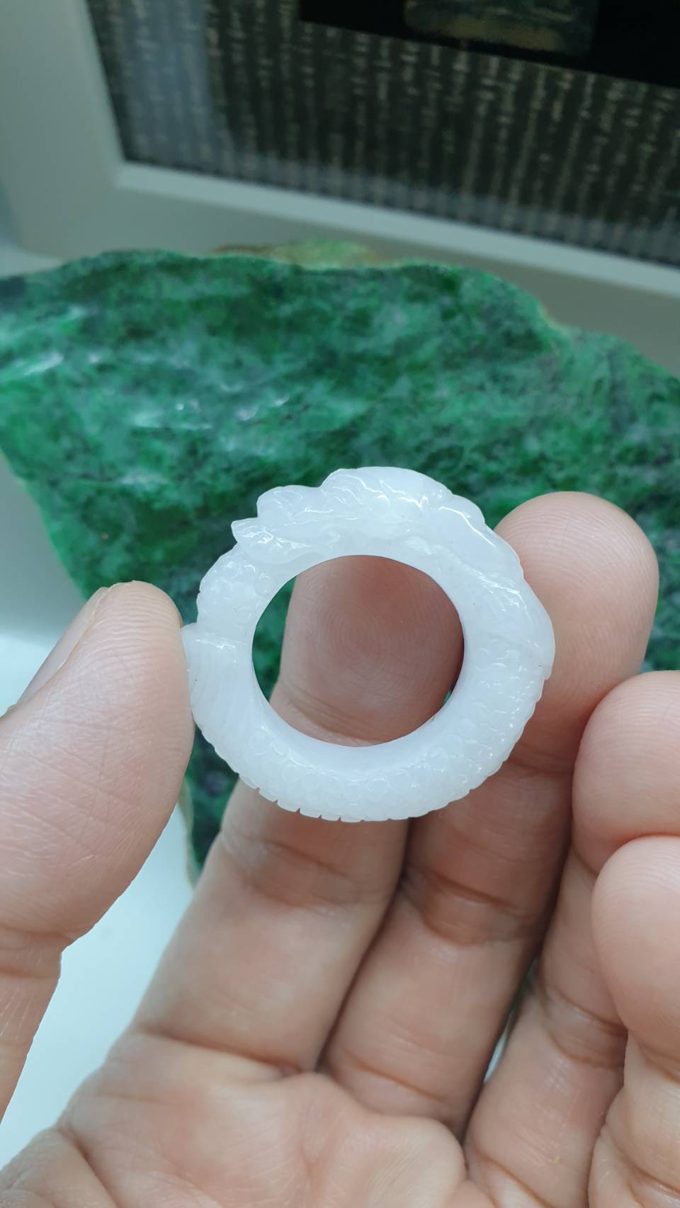 White Jade Dragon Auspicious Ring 9US Myanmar Type A Natural Jadeite