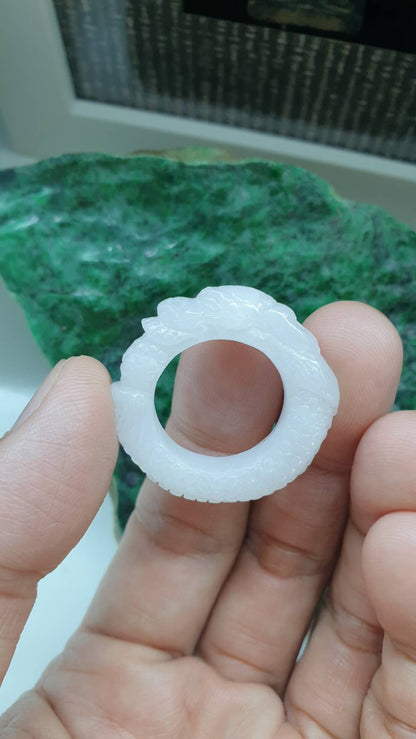 White Jade Dragon Auspicious Ring 9US Myanmar Type A Natural Jadeite