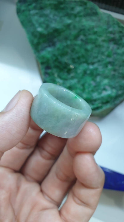 Green Jade Archers Ring 9US Elegant Gray Tone Type A Natural Myanmar Jadeite