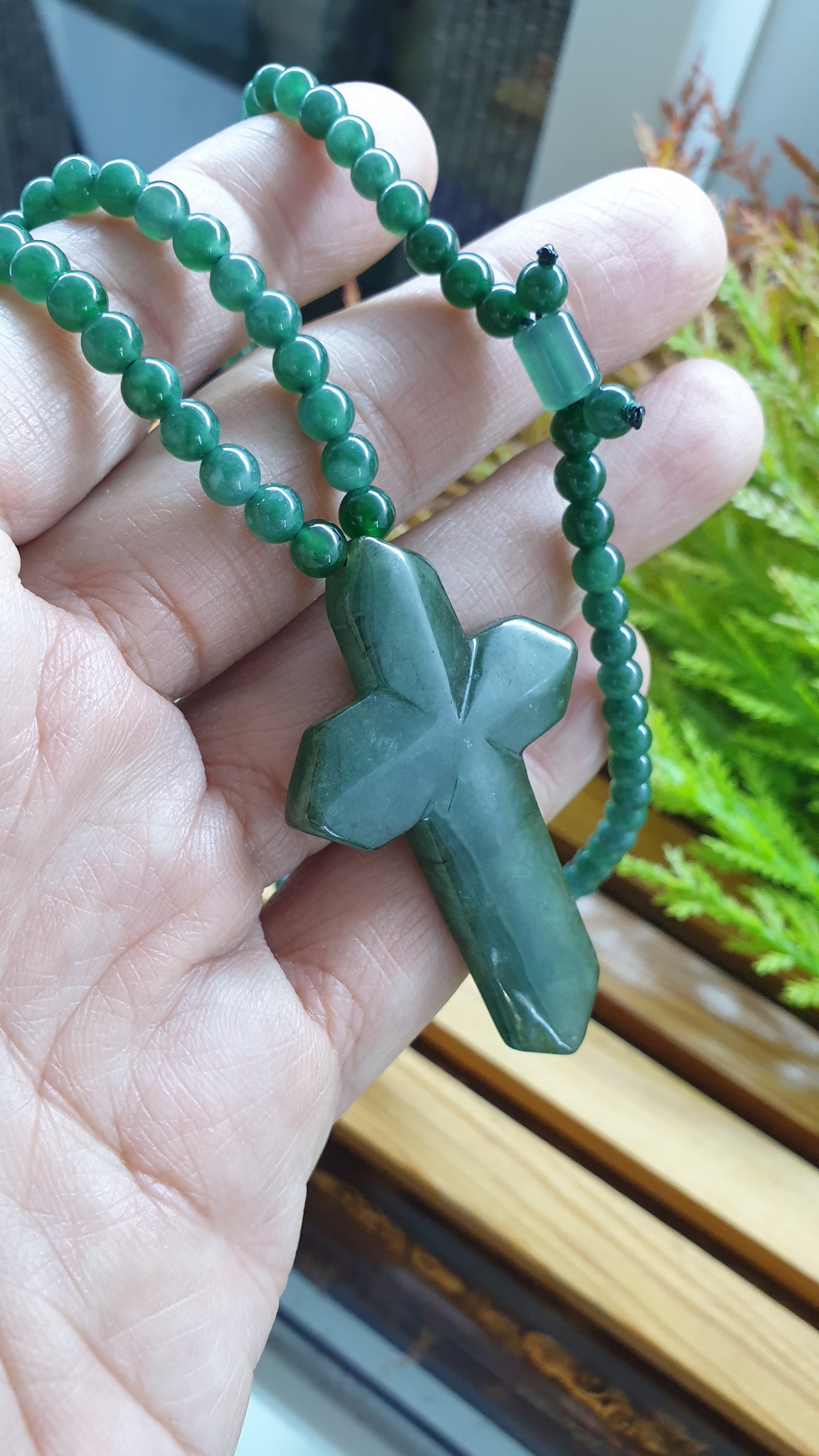 Green Jade Cross Handcrafted Necklace 24inch Fei Cui Type A Natural Jadeite