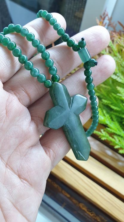 Green Jade Cross Handcrafted Necklace 24inch Fei Cui Type A Natural Jadeite