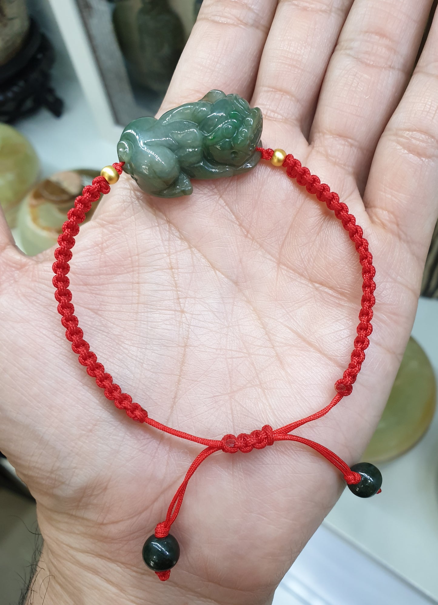 Jade Pixiu Red Thread Bracelet (Adjustable) | Pure 24K Gold Beads | Fei Cui - Natural Jadeite