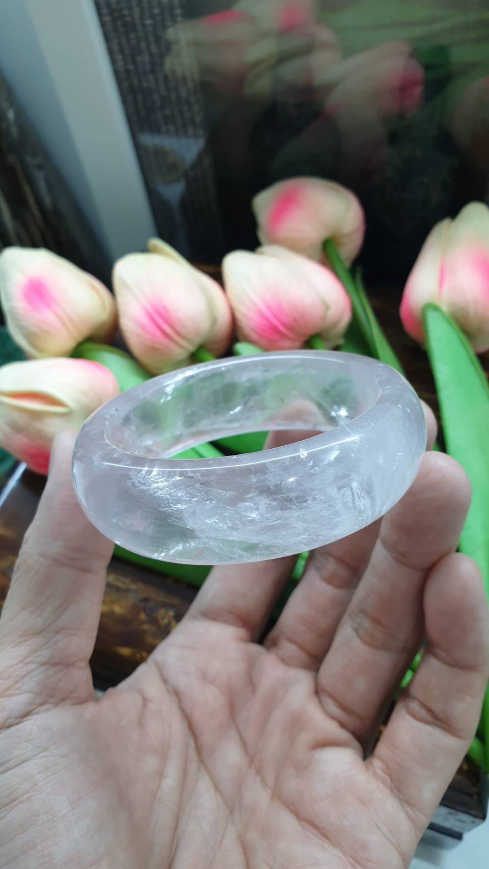 Rosy Clear Quartz Bangle (Size 55 - 56) | Natural Stone Bracelet