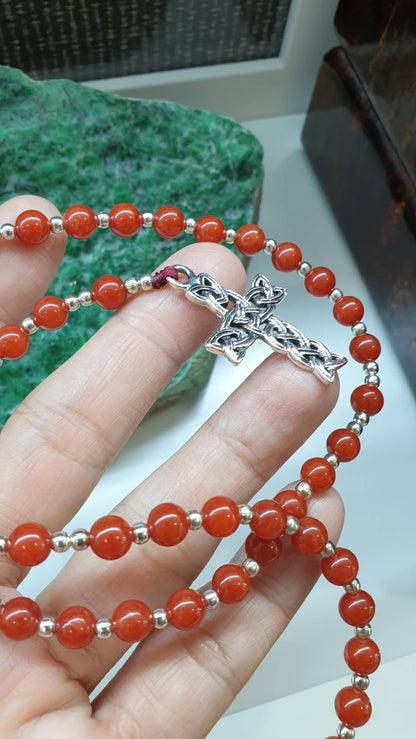 Red Jade Rosary 24.5in Natural Myanmar Jadeite Sterling Silver Cross