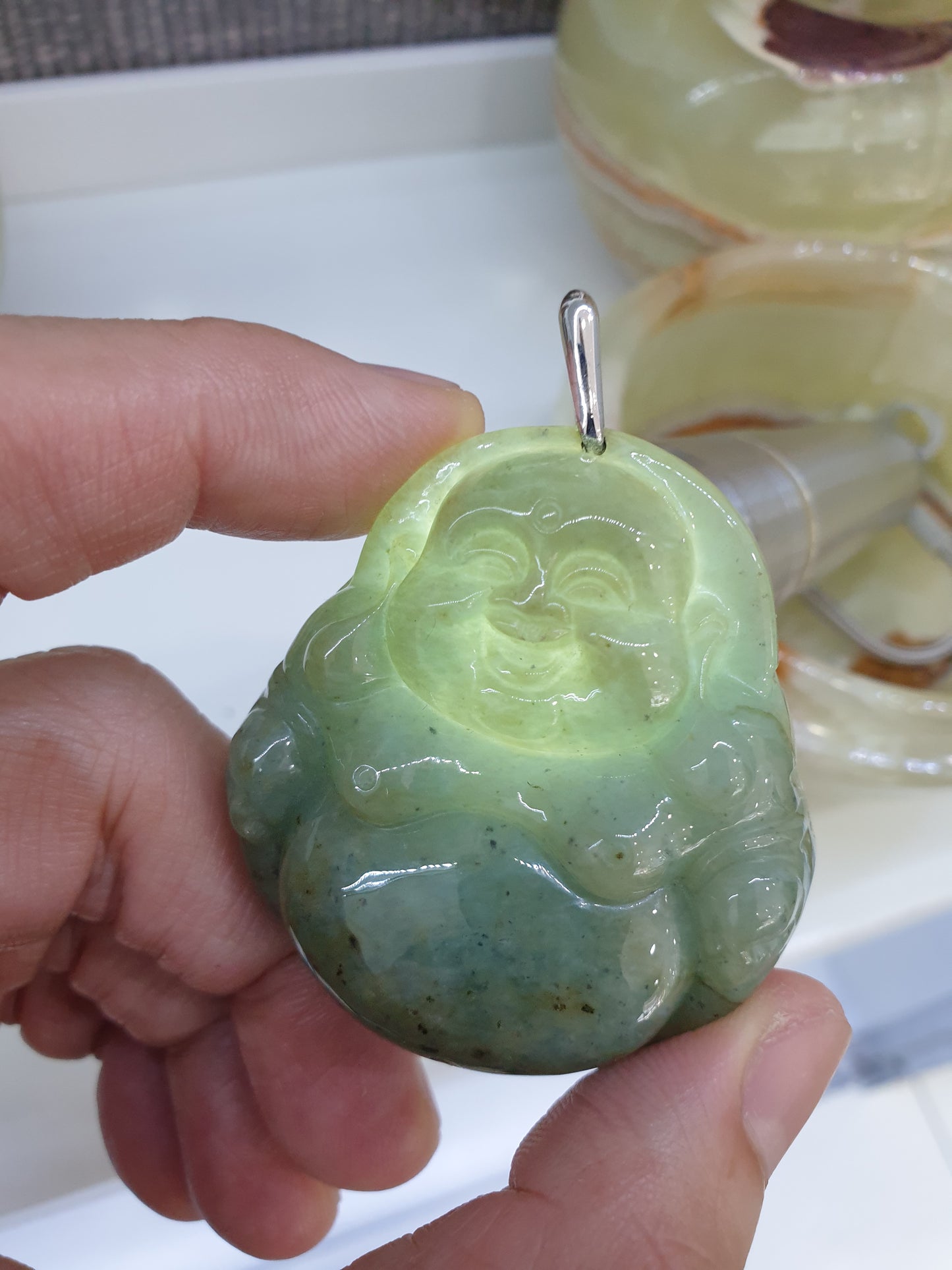 Jade Happy Buddha Pendant | Fei Cui - Natural Jadeite & Sterling Silver | Wealth & Fortune Jewelry