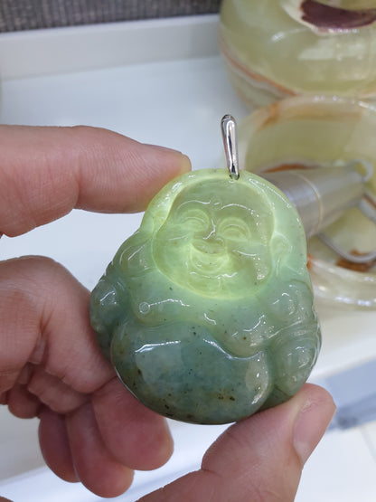 Jade Happy Buddha Pendant | Fei Cui - Natural Jadeite & Sterling Silver | Wealth & Fortune Jewelry