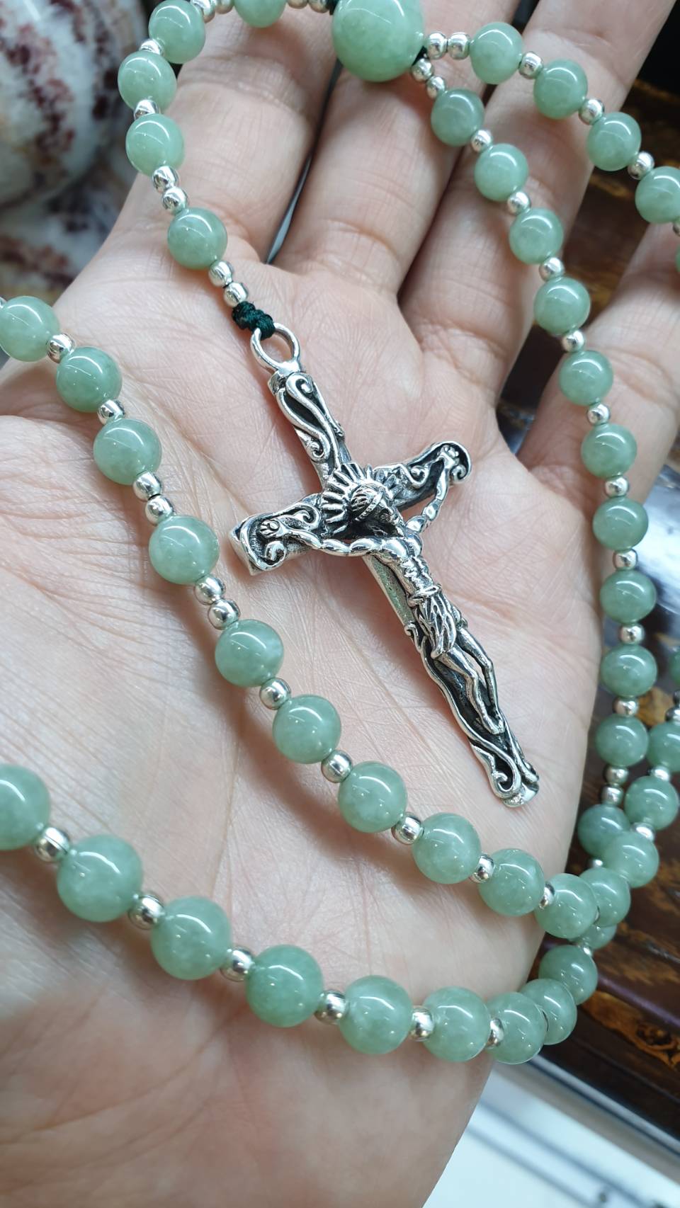 Jade Beads Rosary (25.5 inch) | Type A Natural Lime Green Jadeite + Sterling Silver Crucifix