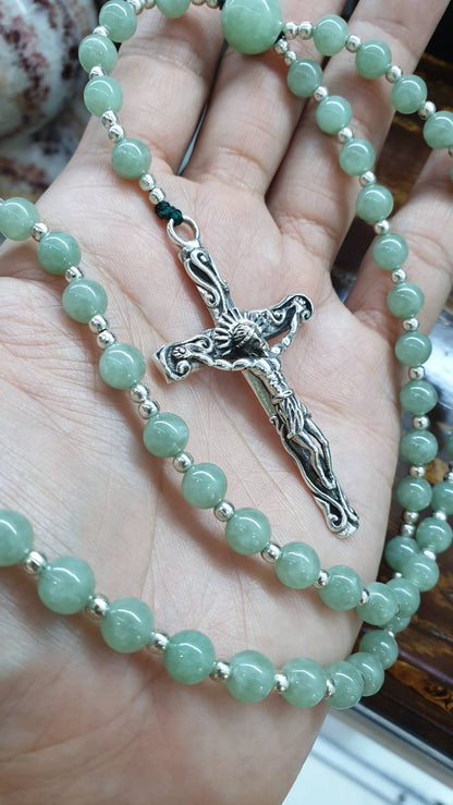 Jade Beads Rosary (25.5 inch) | Type A Natural Lime Green Jadeite + Sterling Silver Crucifix