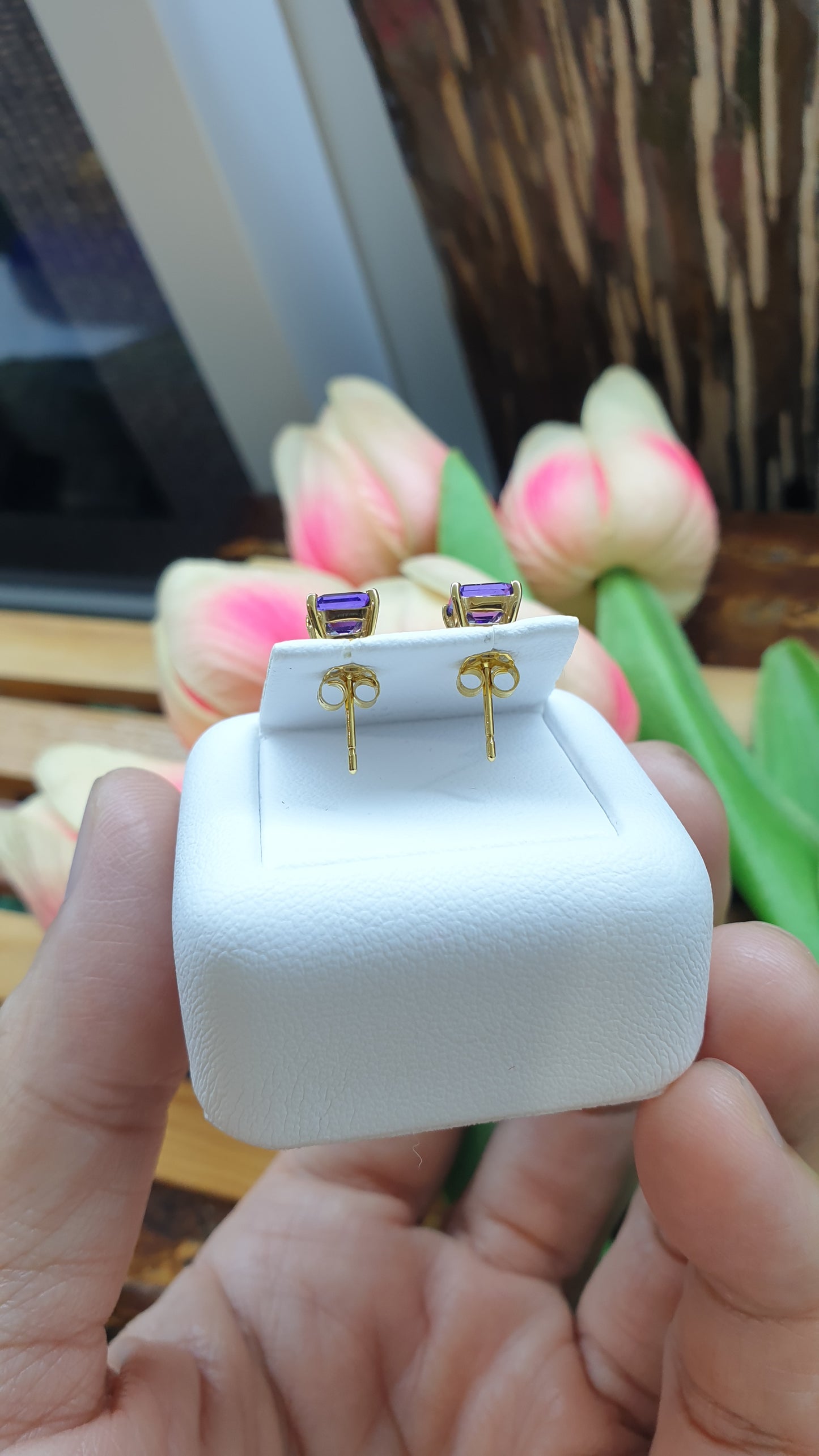 14K Gold Amethyst Princess Stud Earrings Natural Gemstones and Solid Gold