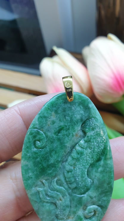 18K Gold Jade Dragon Pendant Fei Cui Type A Natural Green Jadeite