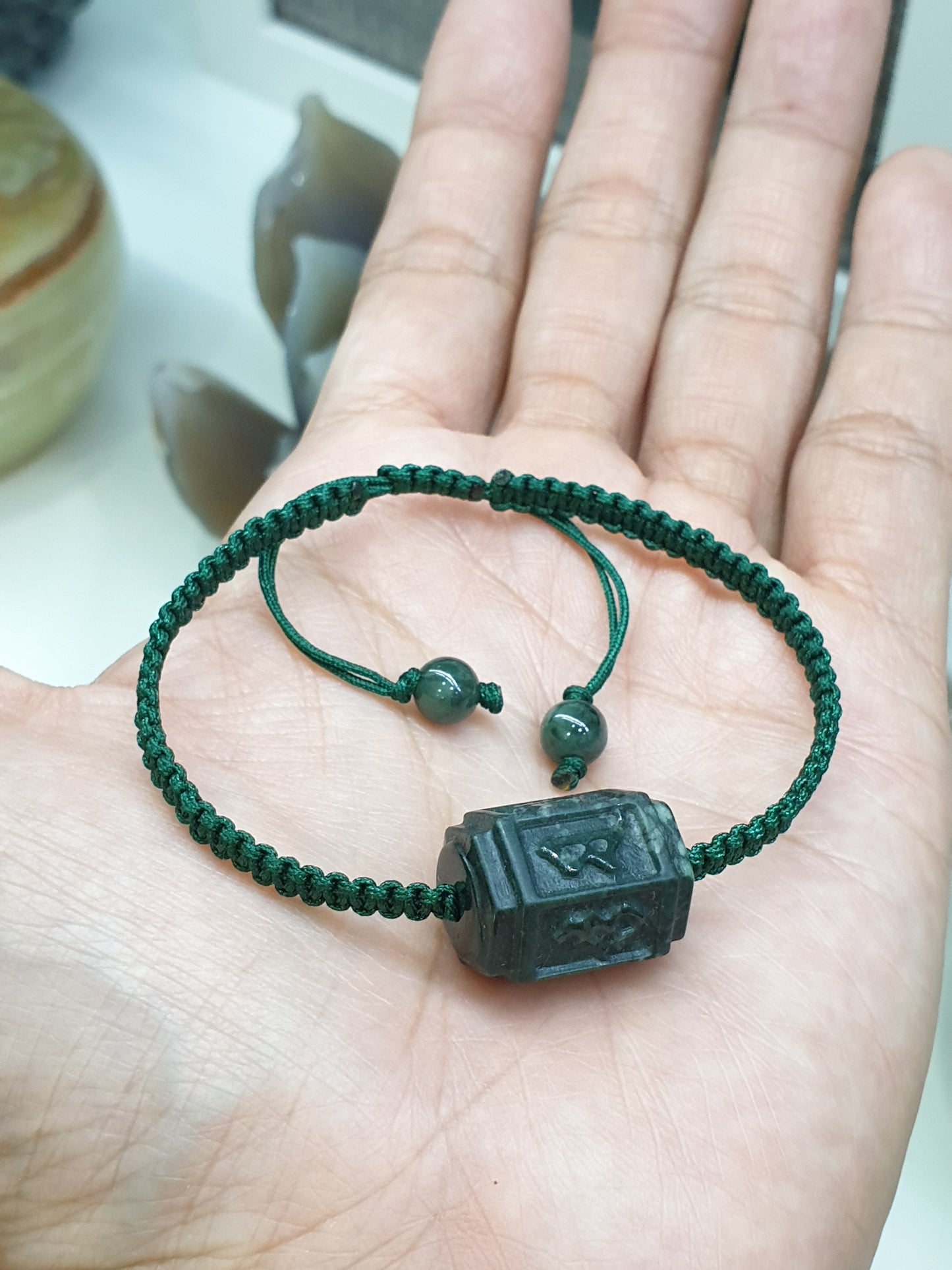 Type A Black Jade Mani Mantra Woven Bracelet and Charm 17cm