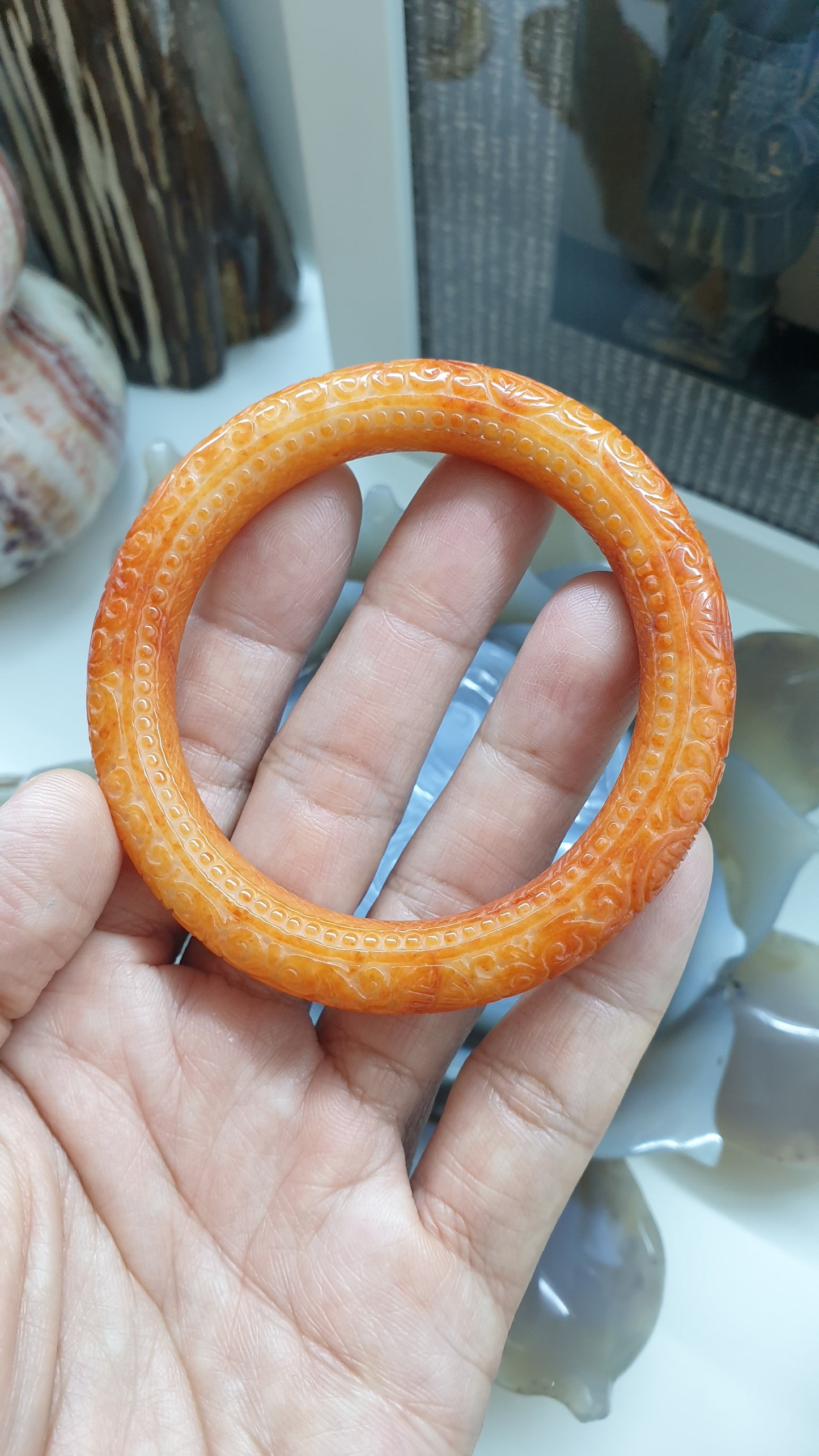 Orange Jade Ru Yi Bangle, Cylindrical S57.5 Authentic Natural Jadeite
