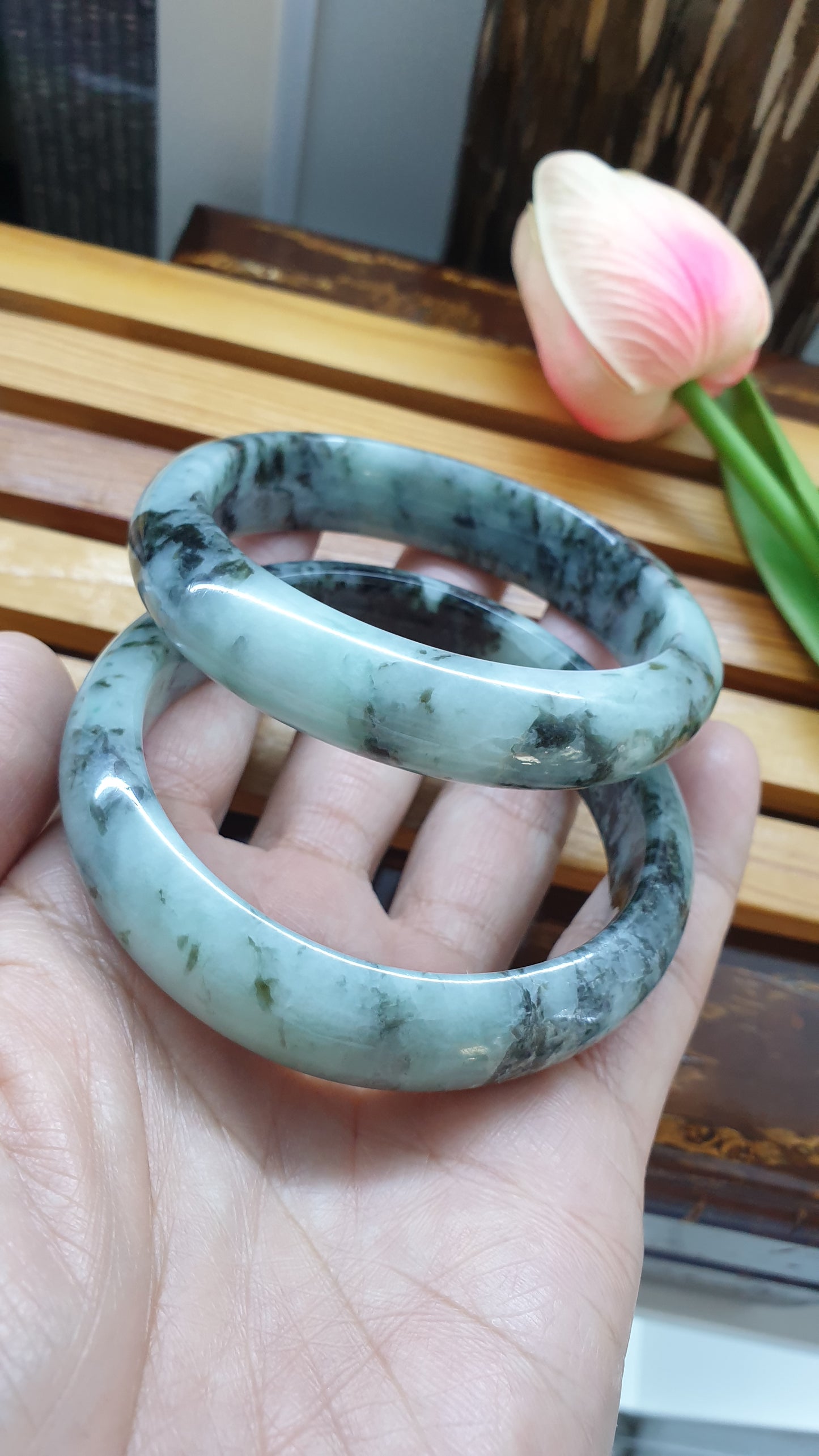 Natural Jade Bangles S59 Black Moss Blue Type A Jadeite