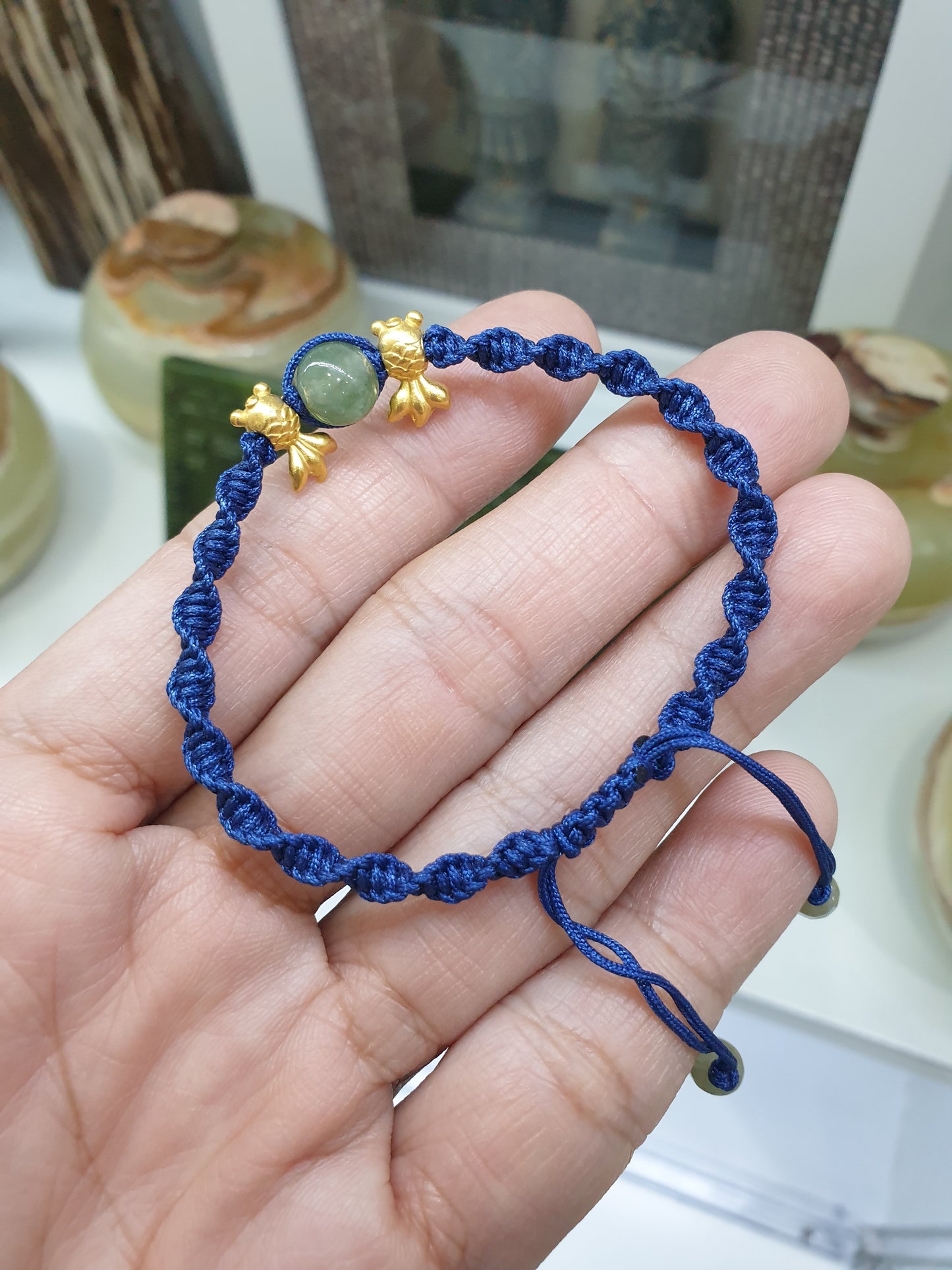 Jade & Fish Woven Bracelet (Adjustable) | Pure 24K Gold | Fei Cui - Type A Jadeite