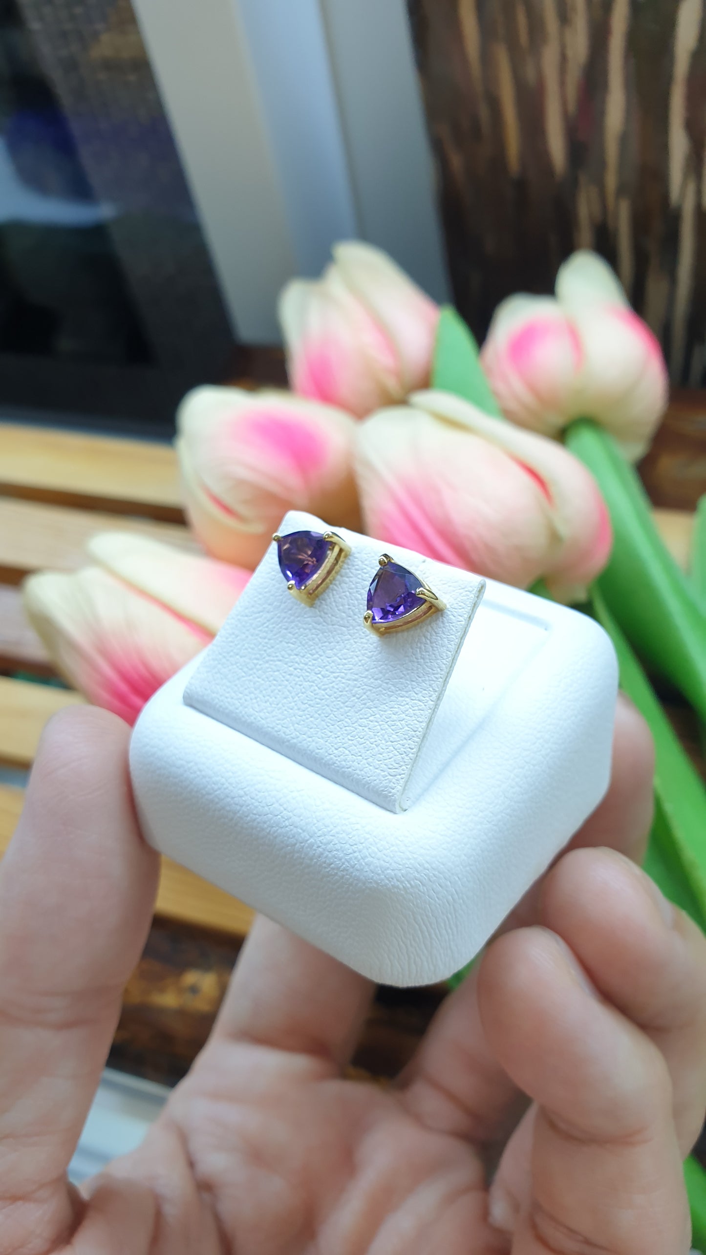 14K Gold Amethyst Stud Earrings Natural Gemstones and Solid Gold