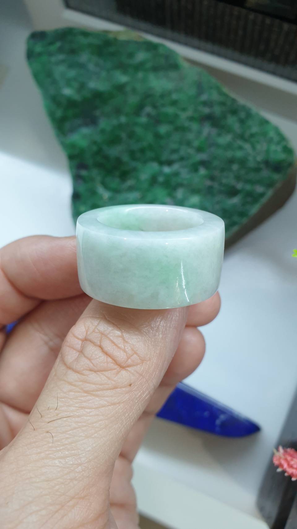 Misty White Green Jade Archers Ring 11.5US Type A Natural Myanmar Jadeite