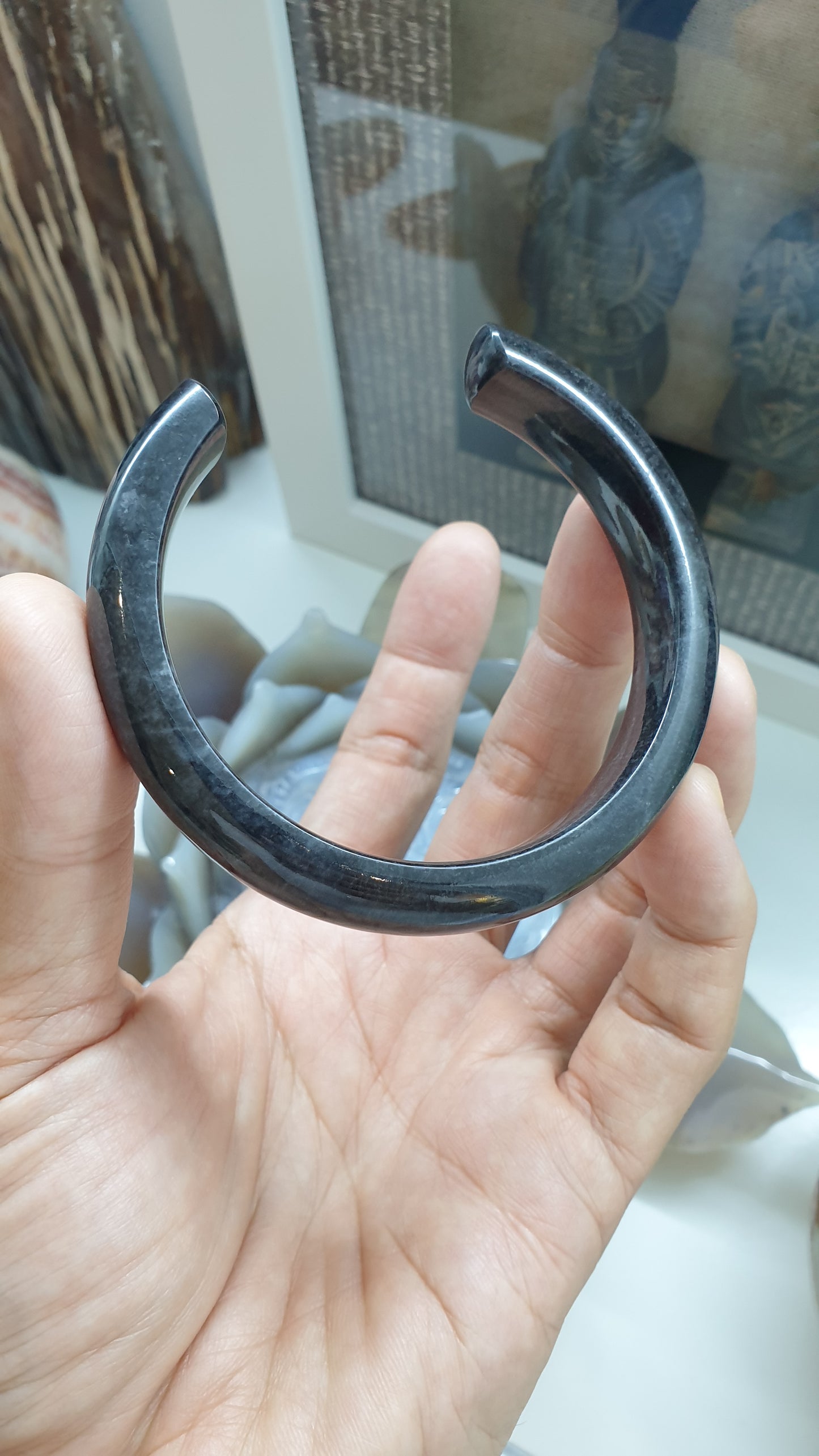 Jade Cuff Bangle Size 62 - 63 Type A Natural Black Jadeite