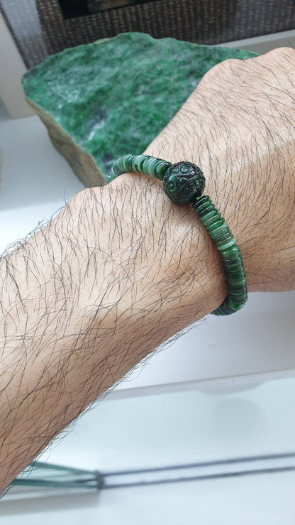 Unique Jade Bracelet 17cm Type A Disc and Ru Yi Beads Natural Green Myanmar Jadeite