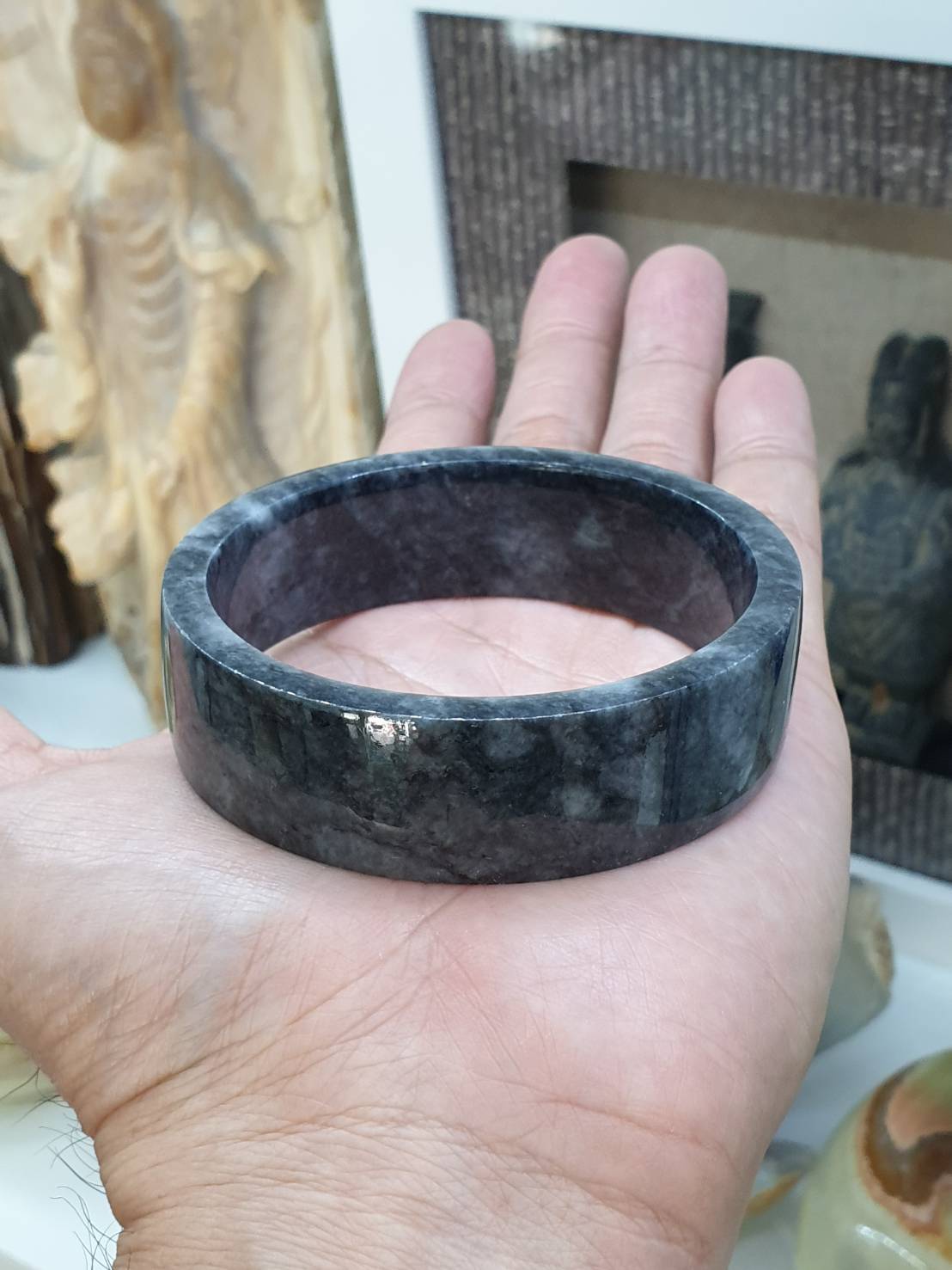 Jade Square Bangle S63 Marbled Black Gray Type A Natural Myanmar Jadeite