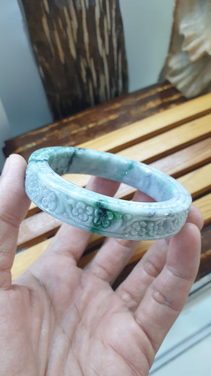 Jade Floral Bangle S58.5 Natural Ash Lavender Fei Cui Myanmar Jadeite