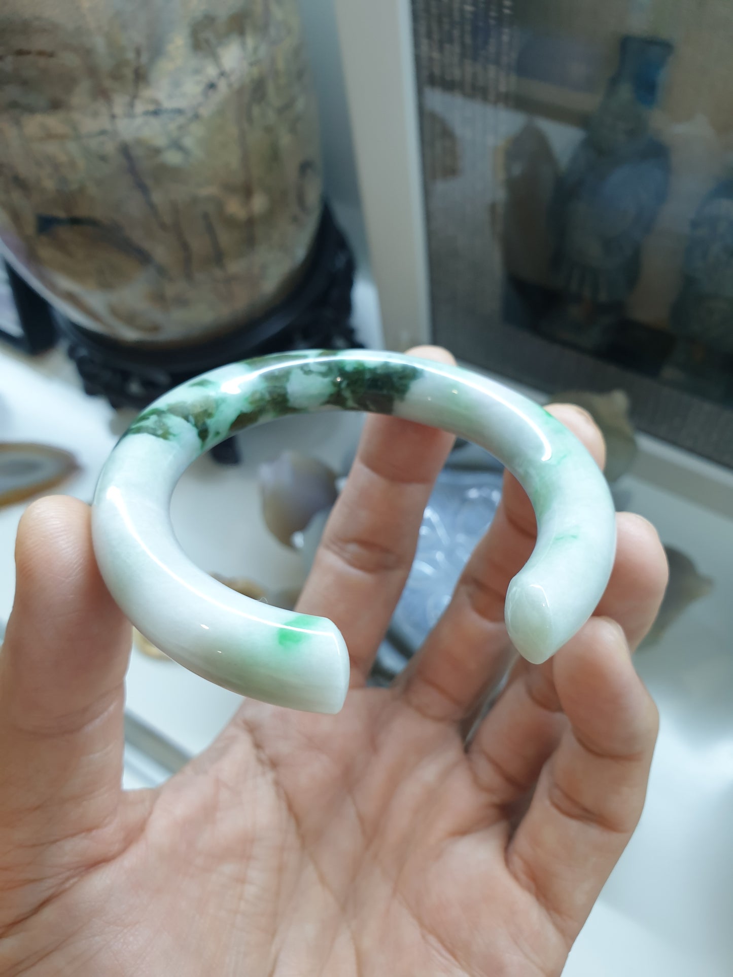 Jade Cylindrical Cuff Bangle Size 55 - 56 Moss in Snow Natural Jadeite