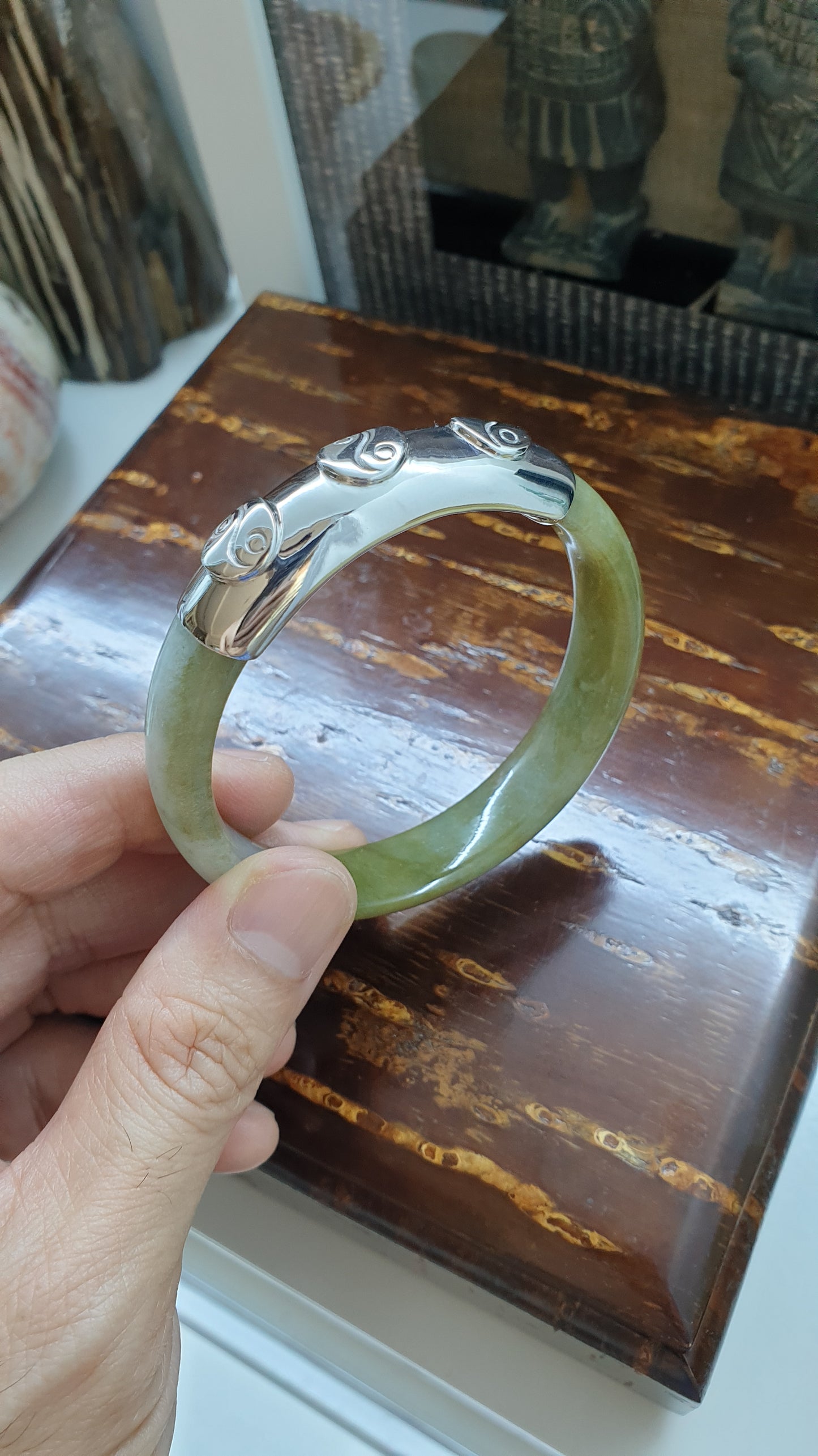 Yin Yang Jade Bangle (S 58 - 59) | Fei Cui Type A Jadeite & Sterling Silver | Statement Wrist Accessory